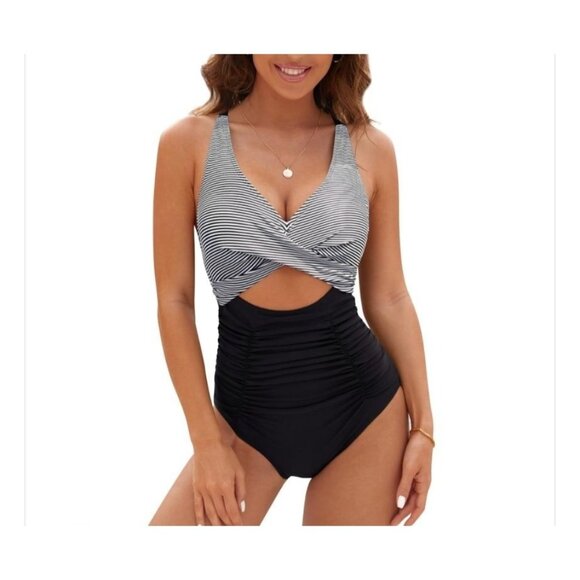Blooming Jelly Womens Size XL One-Piece Swimsuit Cutout Bikini Black White Beach - Picture 1 of 12